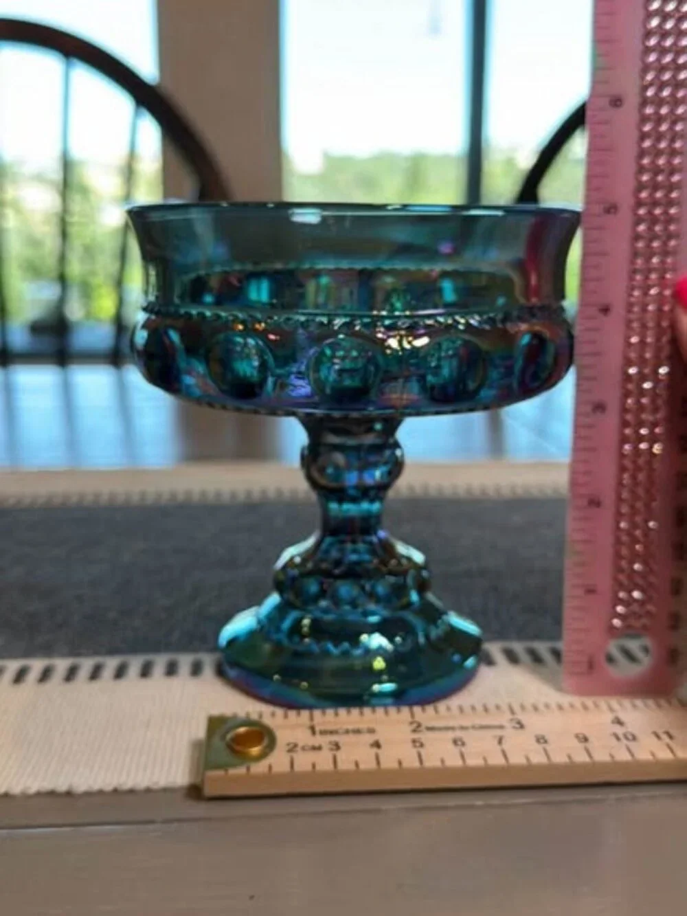 Vintage Indiana Glass Kings Crown Teal Carnival Glass Compote